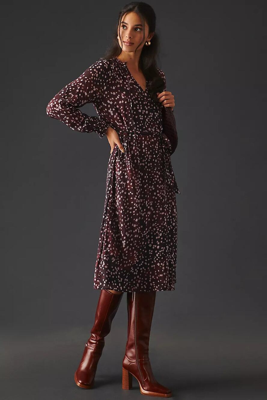 ANTHROPOLOGIE Cloth & Stone Printed Midi Dress Size Small Wine Dot Print